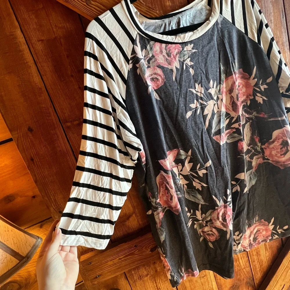Tickled Teal Floral and Striped Long Sleeve Top - Picture 4 of 6